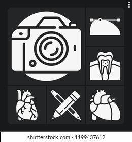 Set of 6 concept filled icons such as heart, photo camera, tooth, pencil