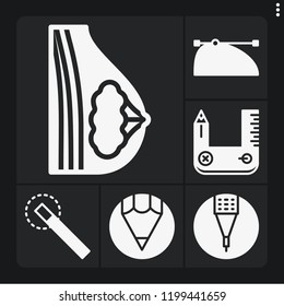 Set of 6 concept filled icons such as breast, pencil, magic wand,
