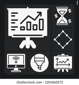 Set of 6 concept filled icons such as wifi, line chart, square, marker, hourglass