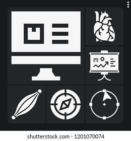 Set of 6 concept filled icons such as heart, muscle, presentation, circle, compass