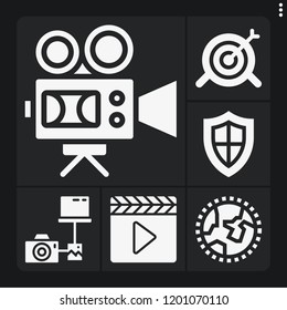 Set of 6 concept filled icons such as target, clapperboard, video camera, transfer, worldwide