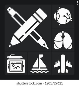 Set of 6 concept filled icons such as eye, lungs, graphic tablet, pencil, sailing boat