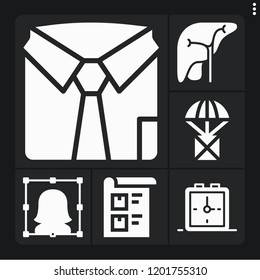 Set of 6 concept filled icons such as liver, alarm clock, user, shirt, package