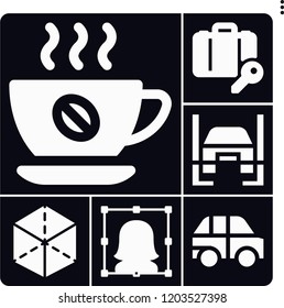 Set of 6 concept filled icons such as user, cube, luggage, coffee, lift