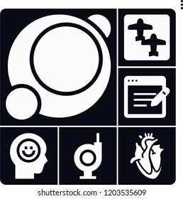 Set of 6 concept filled icons such as heart, circle, survey, flight, happiness