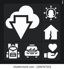 Set of 6 concept filled icons such as manager, taxi, earthquake, backpack, care