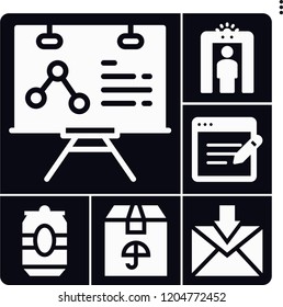 Set of 6 concept filled icons such as analytics, package, survey, scan, inbox