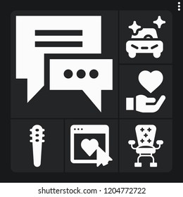 Set of 6 concept filled icons such as weapons, desk, clean car, rating, chatting