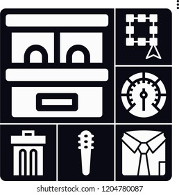 Set of 6 concept filled icons such as weapons, shirt, select, ticket office, gauge