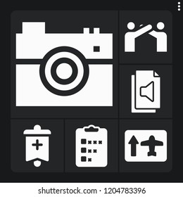 Set of 6 concept filled icons such as banner, audio file, survey, airport, camera