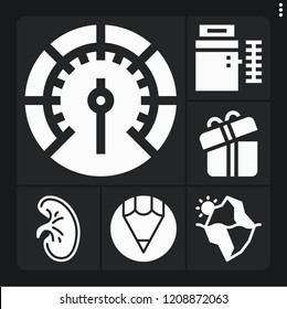 Set of 6 concept filled icons such as kidney, pencil, iceberg, gauge, balancer