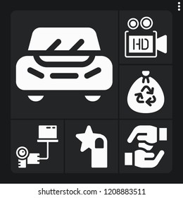 Set of 6 concept filled icons such as transfer, video camera, car, trash, rate
