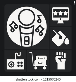 Set of 6 concept filled icons such as karaoke, rating, luggage, paint bucket, fist