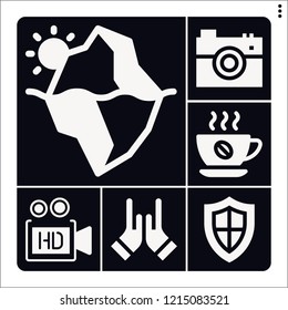 Set of 6 concept filled icons such as video camera, safe, iceberg, camera, coffee