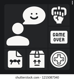 Set of 6 concept filled icons such as gamepad, handgrip, package, feedback, game over