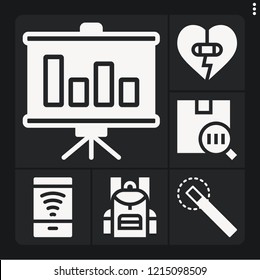 Set of 6 concept filled icons such as bar chart, magic wand, barcode, backpack, free wifi