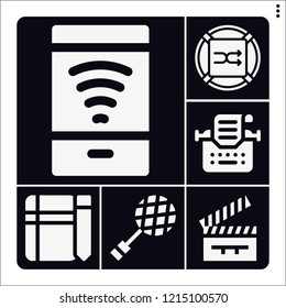 Set of 6 concept filled icons such as shuffle, sketch, free wifi, clapperboard, typewriter
