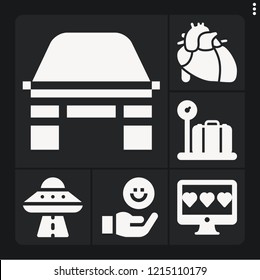 Set of 6 concept filled icons such as heart, rating, luggage, ufo, car