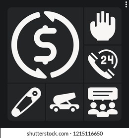 Set of 6 concept filled icons such as cannon, hours, feedback, exchange, hand