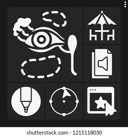 Set of 6 concept filled icons such as eye, audio file, marker, circle, rating