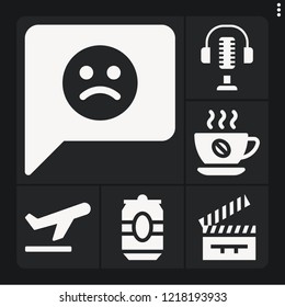 Set of 6 concept filled icons such as microphone, feedback, take off, coffee, clapperboard