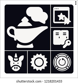 Set of 6 concept filled icons such as reset, rating, lockers, genie, sun