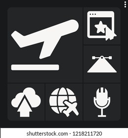 Set of 6 concept filled icons such as , rating, flight, take off, upload