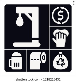Set of 6 concept filled icons such as gallows, beer, gloves, toilet paper, trash