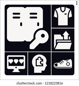 Set of 6 concept filled icons such as sneaker, rating, lockers, upload, head
