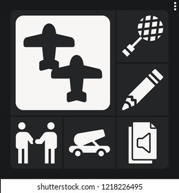 Set of 6 concept filled icons such as cannon, audio file, flight, pencil, relationship