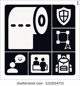 Set of 6 concept filled icons such as select, toilet paper, safe, feedback, check in