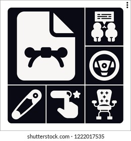Set of 6 concept filled icons such as conversation, desk, rating, , steering wheel