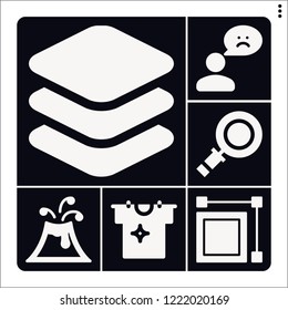 Set of 6 concept filled icons such as , clean, feedback, volcano, layers
