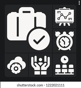 Set of 6 concept filled icons such as presentation, waiting room, luggage, alarm clock, cloud computing