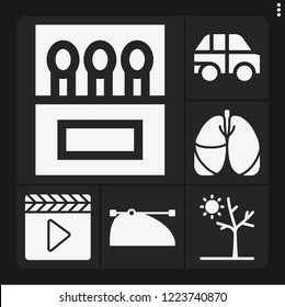 Set of 6 concept filled icons such as clapperboard, lungs, , drought, matches