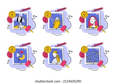 Set of 6 concept illustrations of nft art with famous paintings on tablet with crypto coins, pencil and auction hammer. Good for stickers, articles, web and apps.