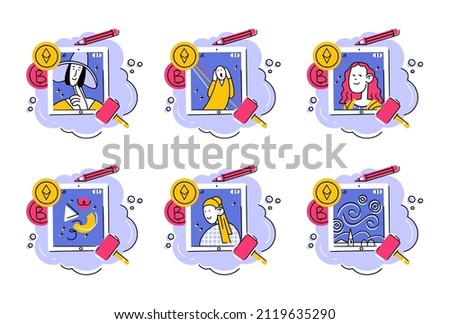 Set of 6 concept illustrations of nft art with famous paintings on tablet with crypto coins, pencil and auction hammer. Good for stickers, articles, web and apps.