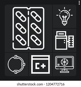 Set of 6 concept outline icons such as idea, , computer, balancer, computing