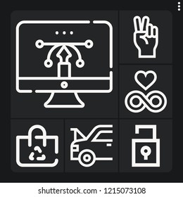 Set of 6 concept outline icons such as recyclable, maintenance, hand, , eternity