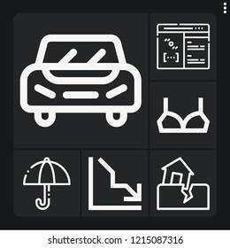 Set of 6 concept outline icons such as umbrella, car, earthquake, brassiere, line chart