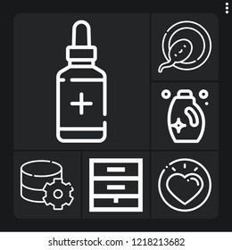 Set of 6 concept outline icons such as love, detergent, medicine, fertilization, chest of drawers