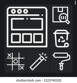 Set of 6 concept outline icons such as landing page, trash, roller, barcode, tic tac toe