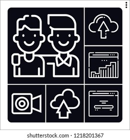 Set of 6 connection outline icons such as upload, friendship, home page, diagram