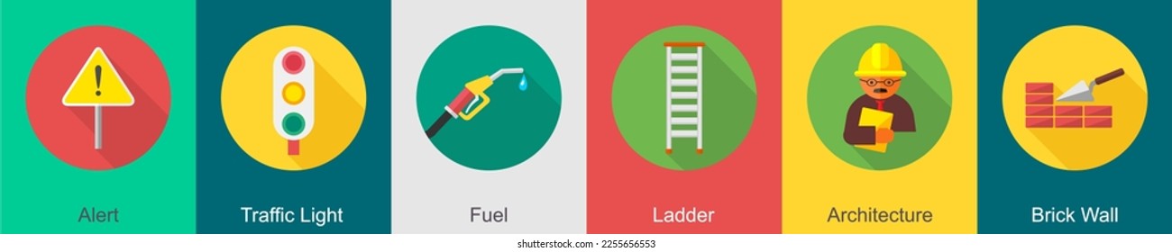 A set of 6 construction icons as alert, traffic light, fuel