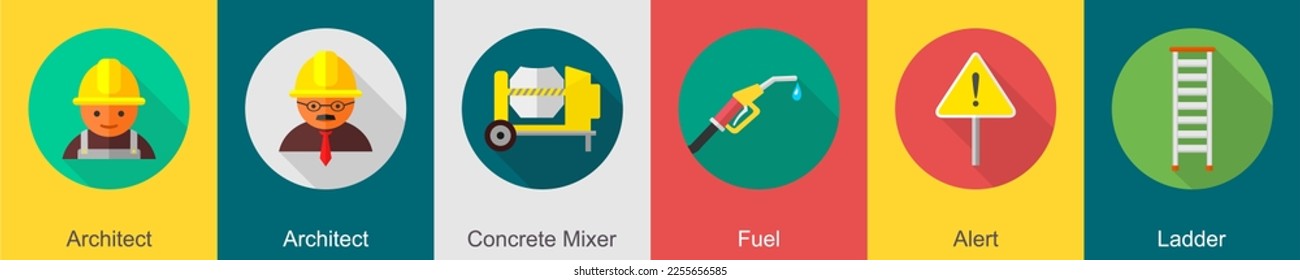 A set of 6 construction icons as architect, concrete mixer, fuel