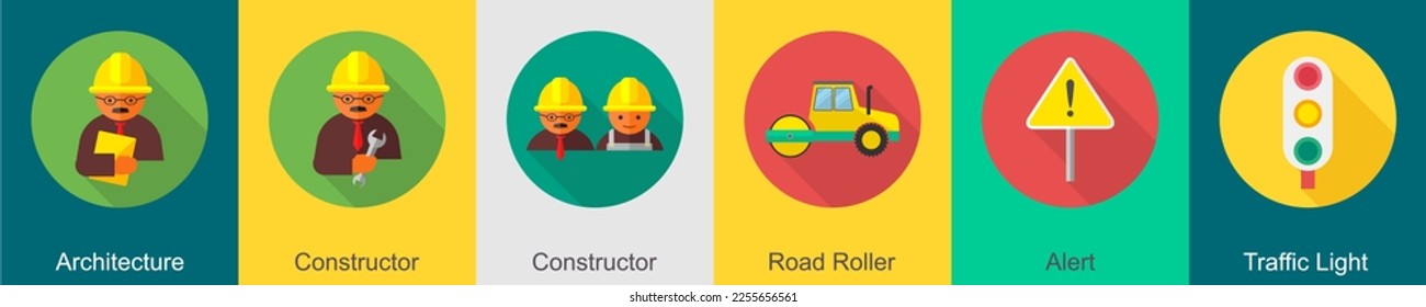 A set of 6 construction icons as architecture, constructor, road roller