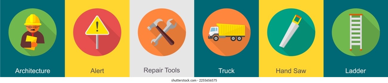 A set of 6 construction icons as architecture, alert, repair tools