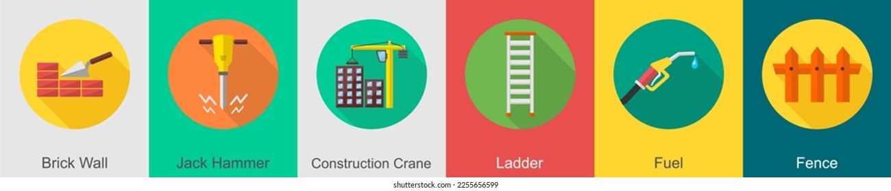 A set of 6 construction icons as brick wall, jack hammer, construction crane