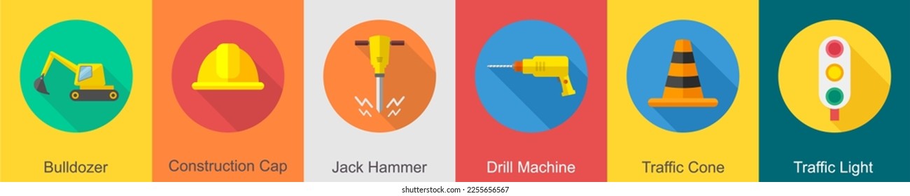 A set of 6 construction icons as bulldozer, construction cap, jack hammer