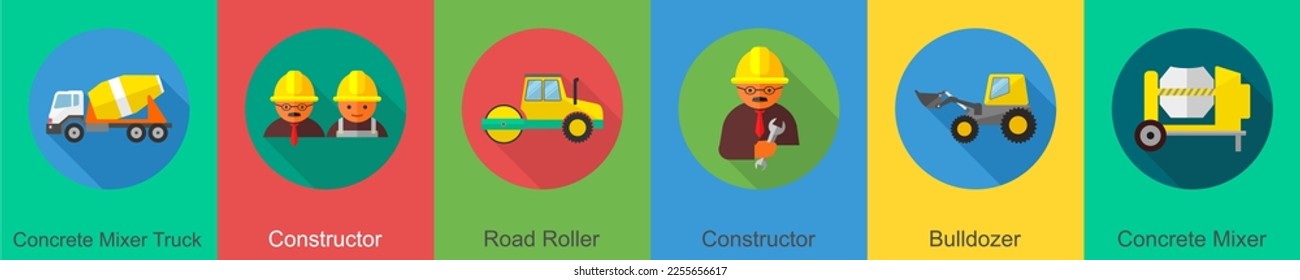 Un conjunto de 6 iconos de construcción como Camión de concreto, constructor, rodillo de carretera